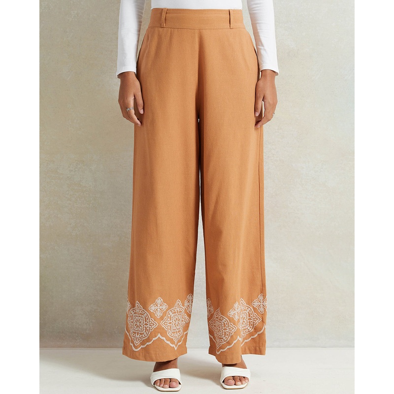 Women Tan Embroidered Wide Leg Trousers