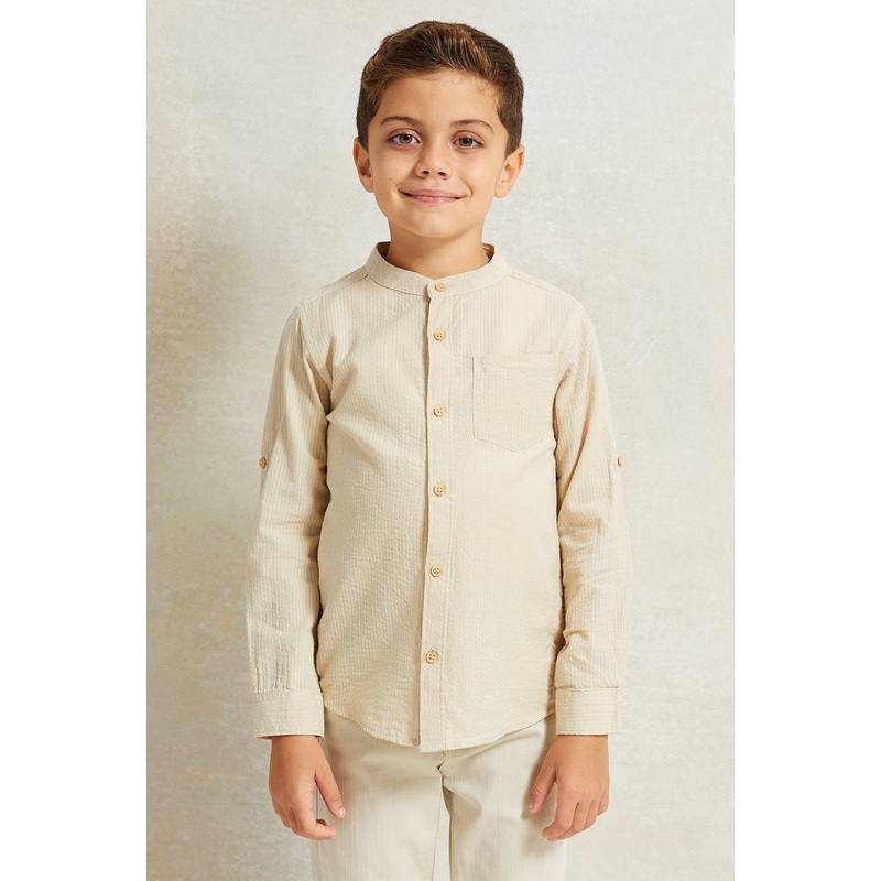 Boys Beige Mandarin Collar Shirt