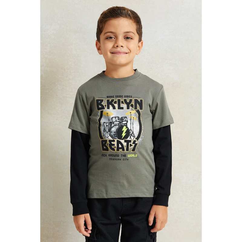 Boys Black And Grey Printed T-Shirt