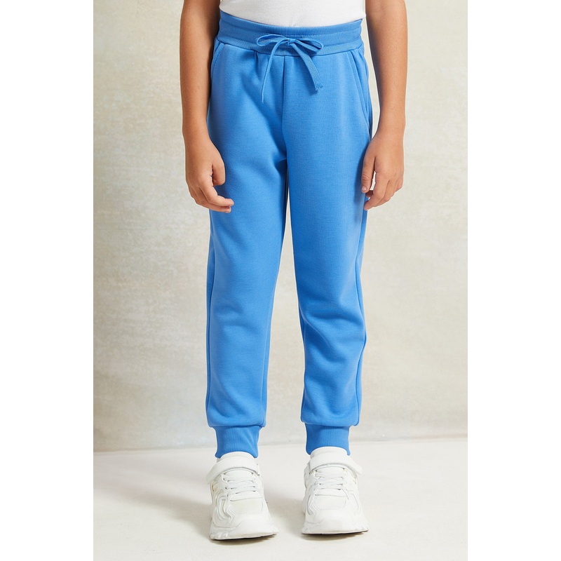 Boys Blue Solid Cotton Active Pants