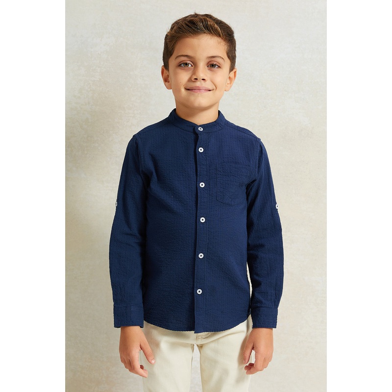 Boys Navy Mandarin Collar Shirt