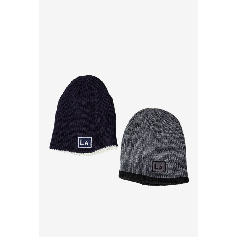 Men Black And Grey Embellished Knitted Cap Set (Pack of 2)