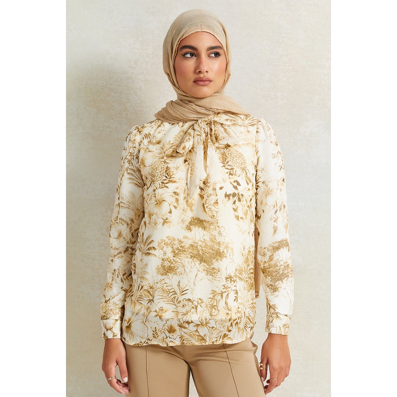 Women Beige Printed Bow Blouse