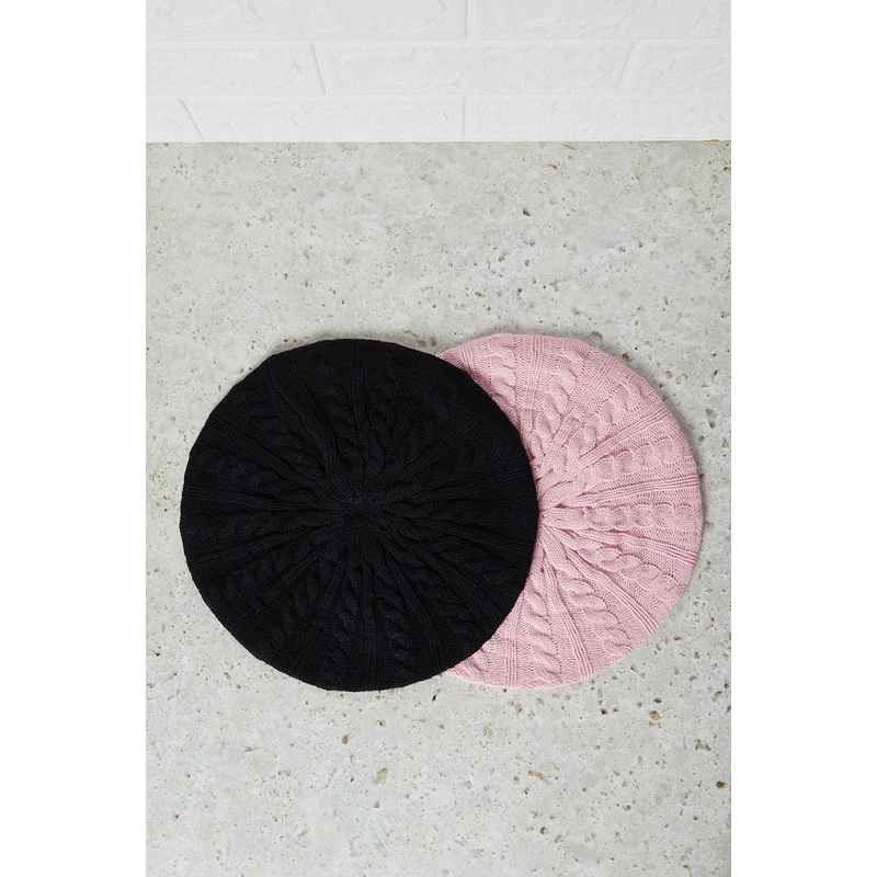Women Black And Pink Embellished Knitted Cap Set (Pack of 2)