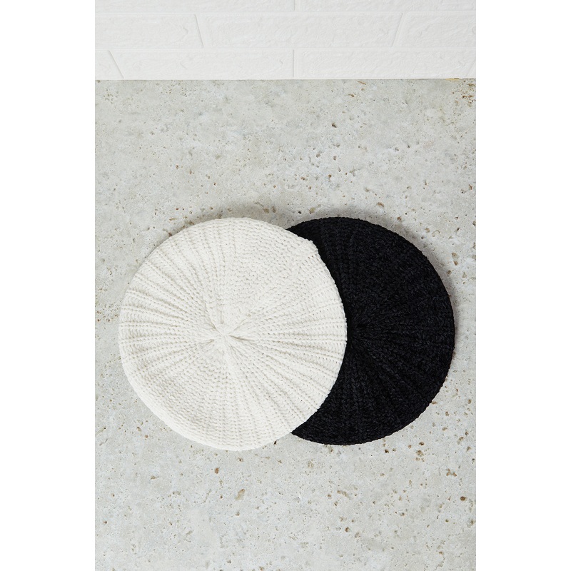 Women Black And White Embellished Knitted Cap Set (Pack of 2)