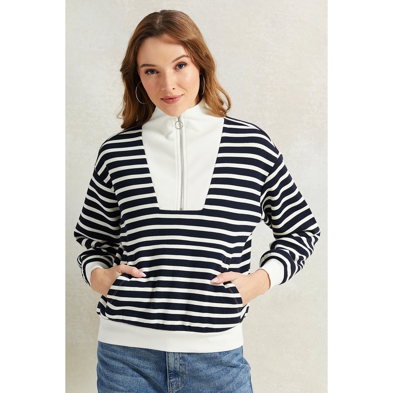Women Black And White Striped Sweatshirt