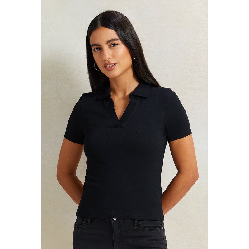 Women Black Collared Rib T-Shirt
