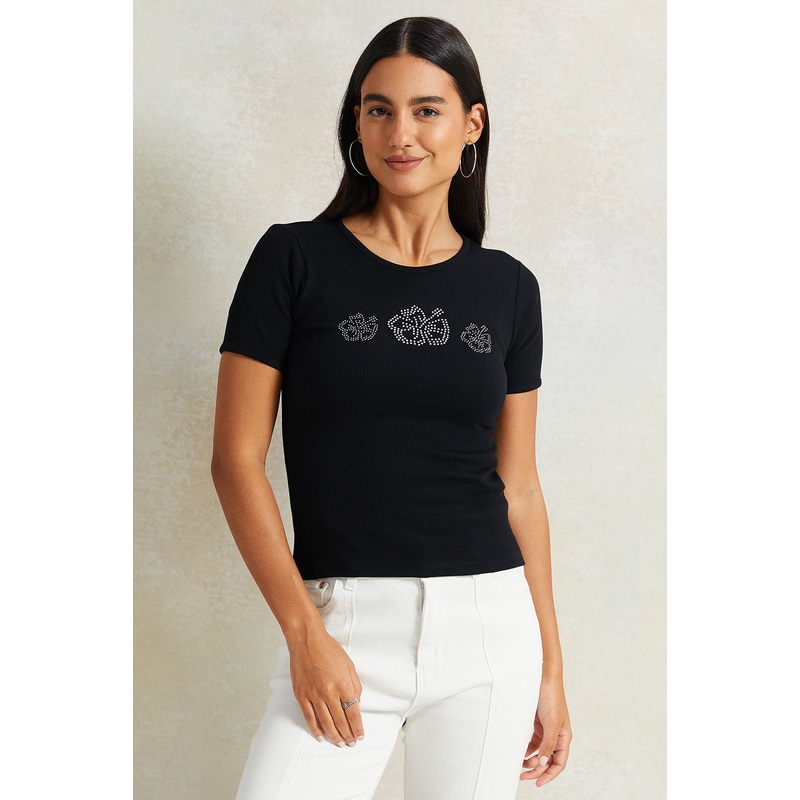 Women Black Embellished Rib T-Shirt