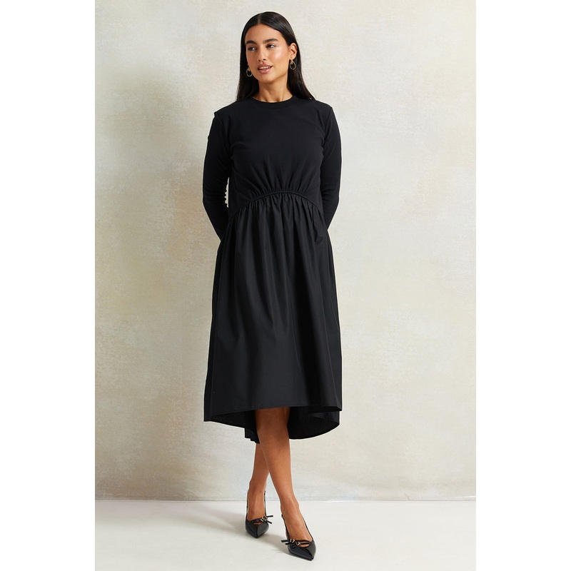 Women Black Front Gathered Dress