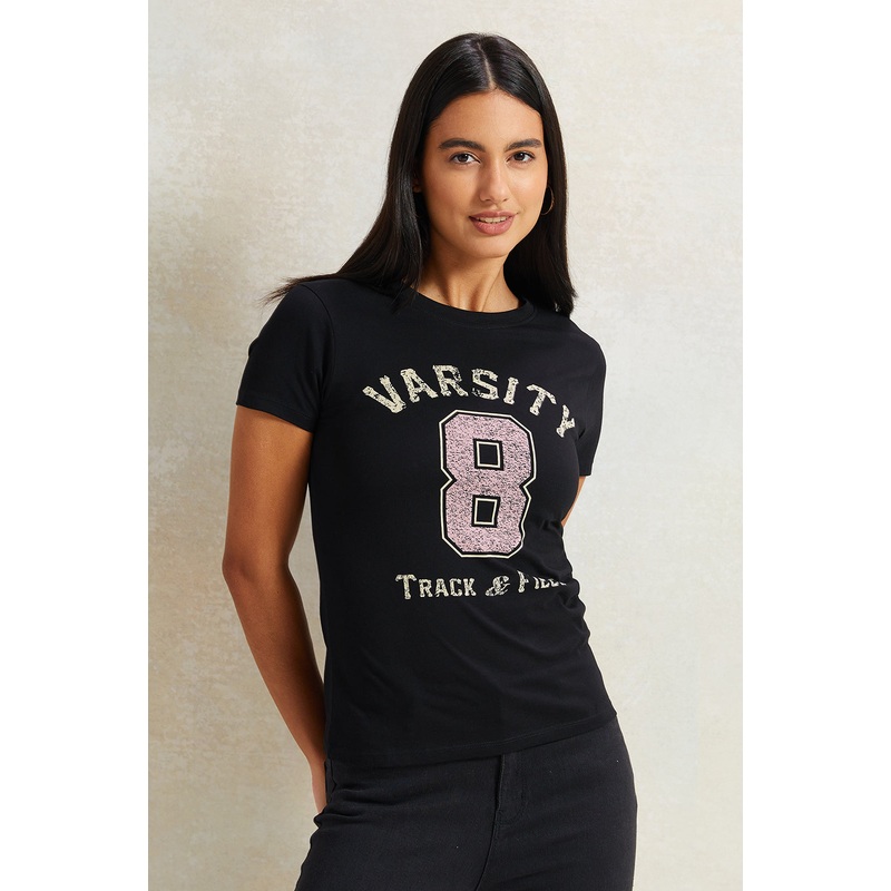Women Black Varsity Printed T-Shirt