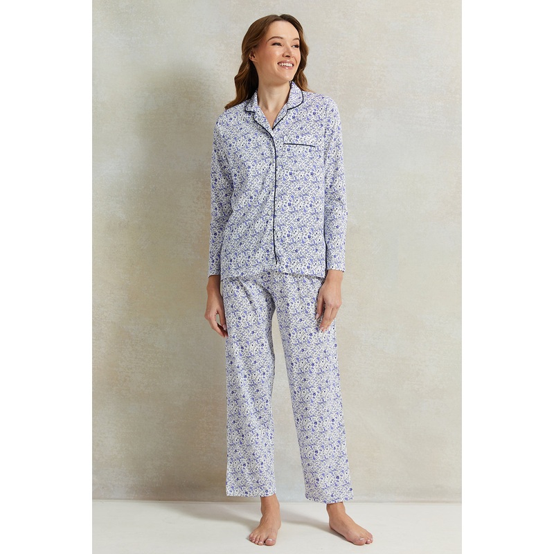 Women Blue Cotton Classic Pyjama Set (2 Piece)