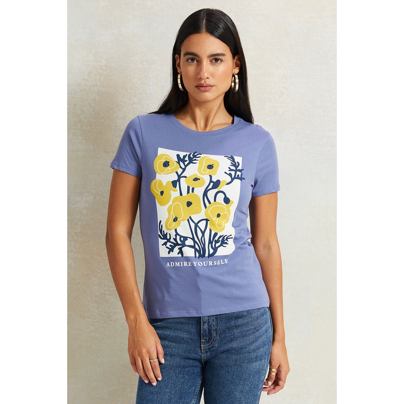 Women Blue Floral Printed T-Shirt