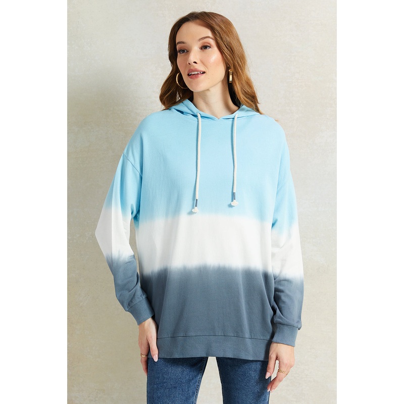 Women Blue Tie Dye Hooded Sweatshirt