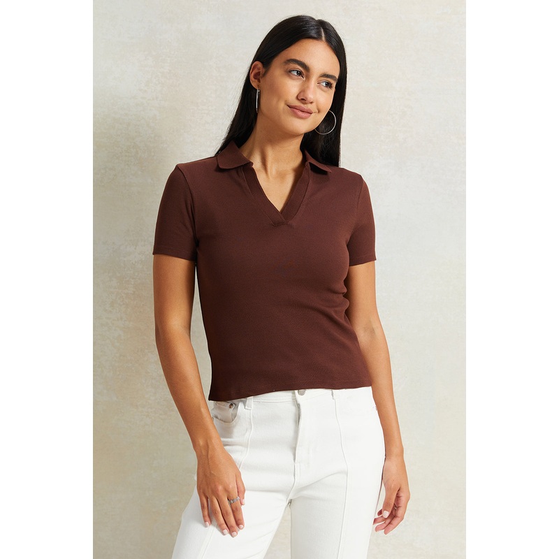Women Brown Collared Rib T-Shirt
