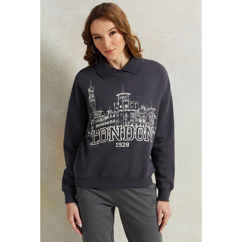 Women Charcoal Collared Printed Sweatshirt