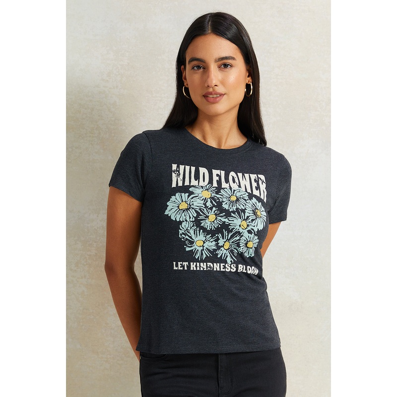 Women Charcoal Floral Printed T-Shirt