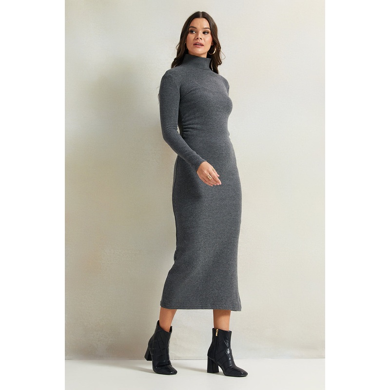 Women Charcoal Knitted Body Cone Dress