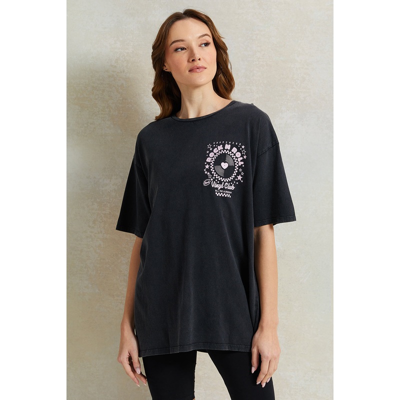 Women Charcoal Printed Oversized T-Shirt