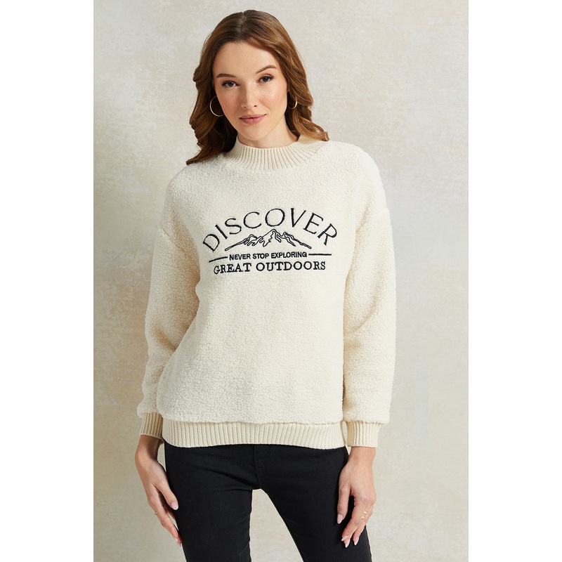 Women Cream Fleece Embroidered Sweatshirt
