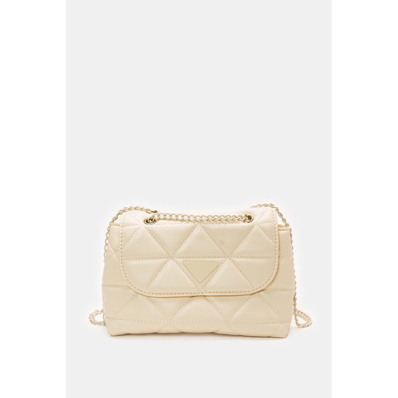 Women Cream Quilted Flap Messenger Bag