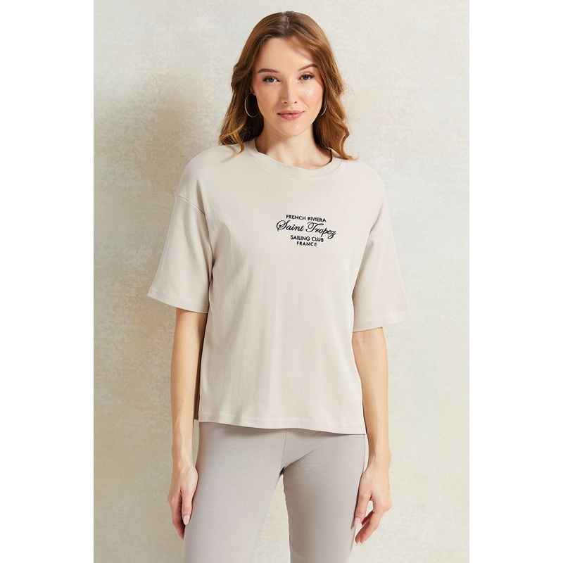 Women Ecru Embroidered Boxy T-Shirt