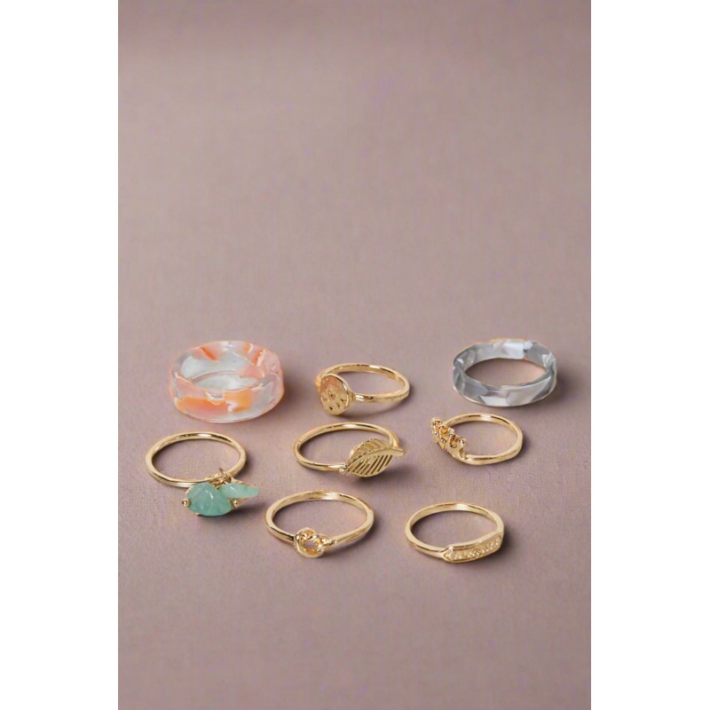 Women Gold Embellished Ring Set (Pack of 8)