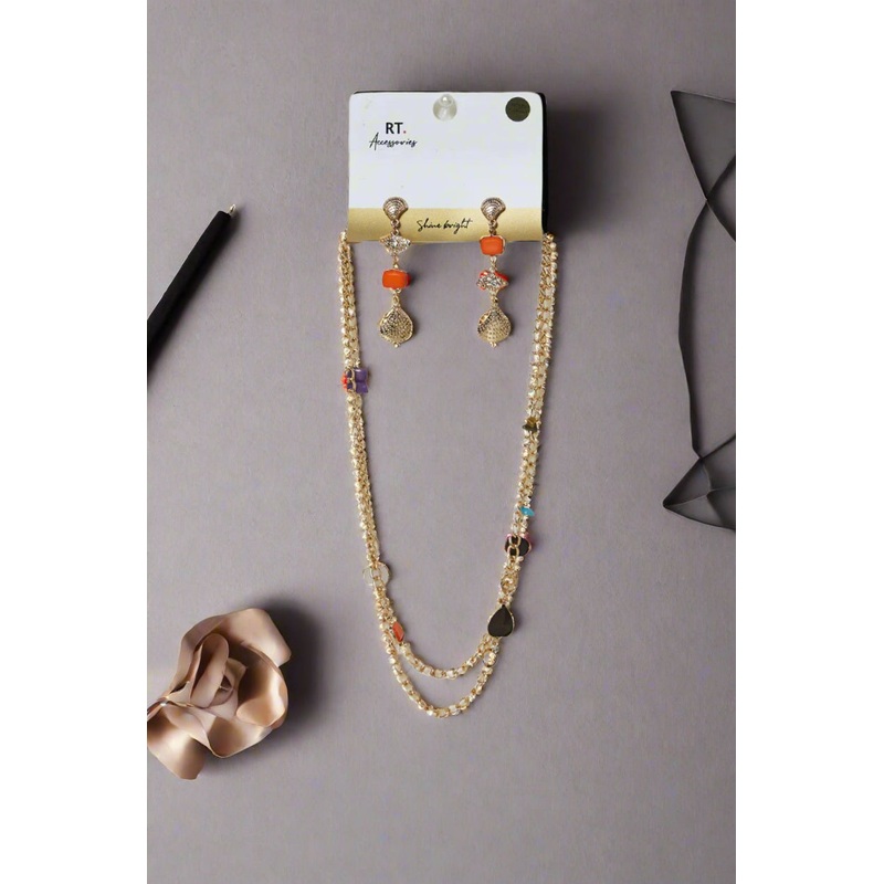 Women Gold Multilayered Necklace And Earring Set (2 Piece)