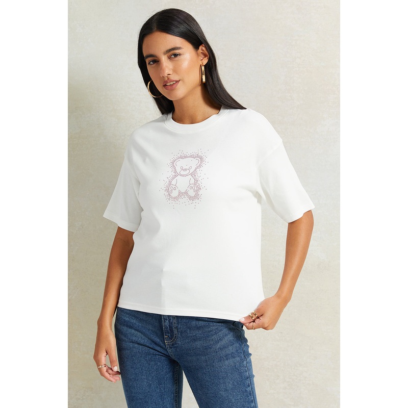 Women Ivory Embellished Boxy T-Shirt