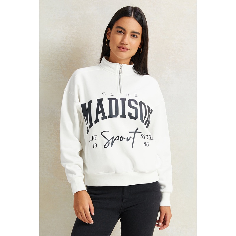Women Ivory Printed Half-Zip Sweatshirt