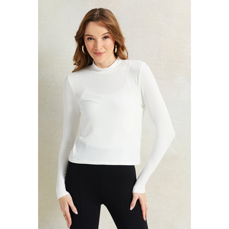 Women Ivory Rib High Neck Long Sleeves T-Shirt