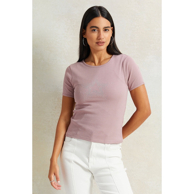 Women Lilac Embellished T-Shirt