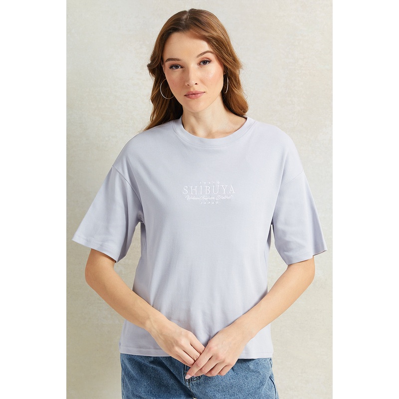 Women Lilac Embroidered Boxy T-Shirt