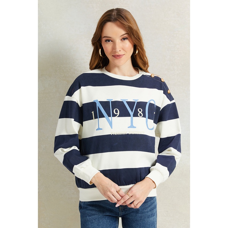Women Navy And White Striped Sweatshirt