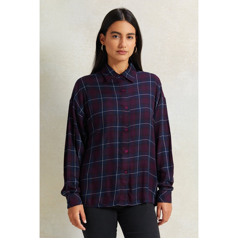 Women Navy Fluid Checkered Shirt