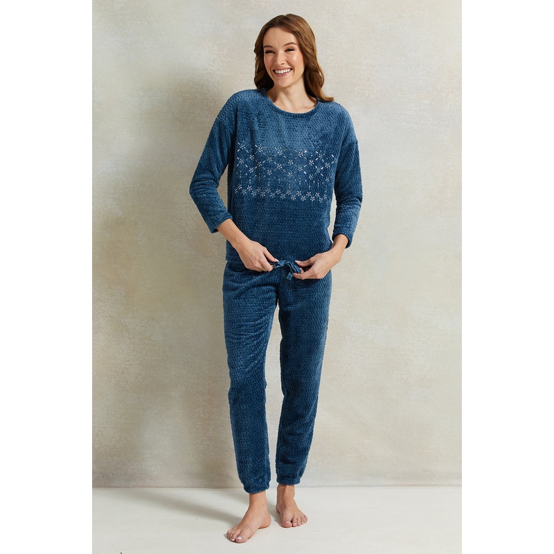 Women Navy Jacquard Pajama Set (2 Piece)