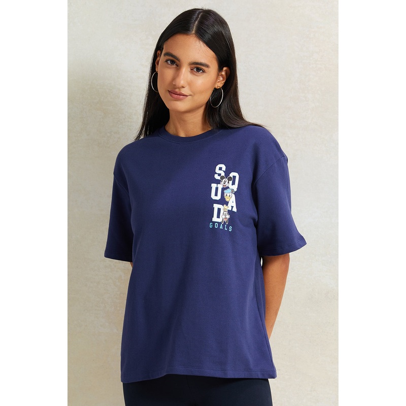 Women Navy Mickey Mouse Oversized Printed T-Shirt