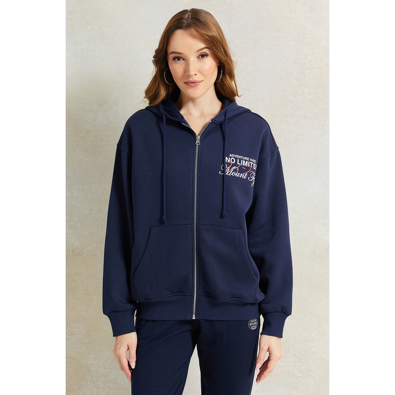 Women Navy Printed Hooded Sweatshirt