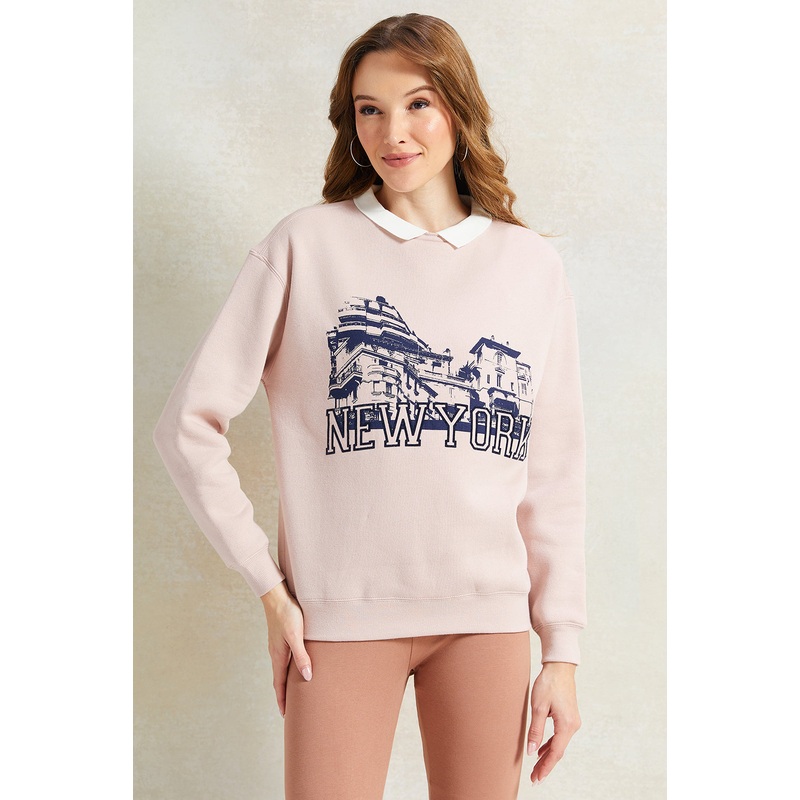 Women Pink Collared Printed Sweatshirt
