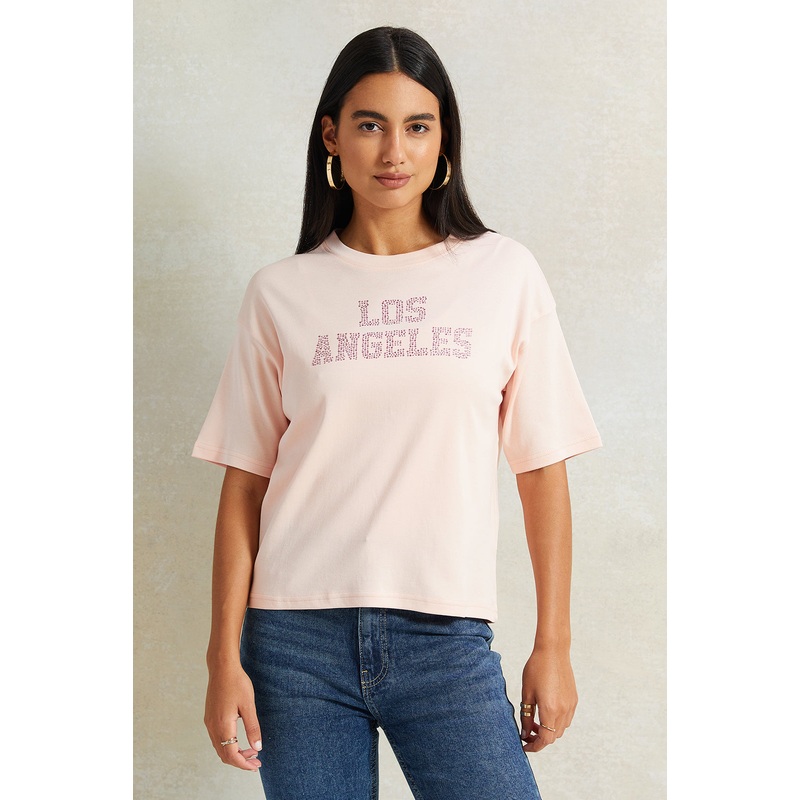 Women Pink Embellished Boxy T-Shirt