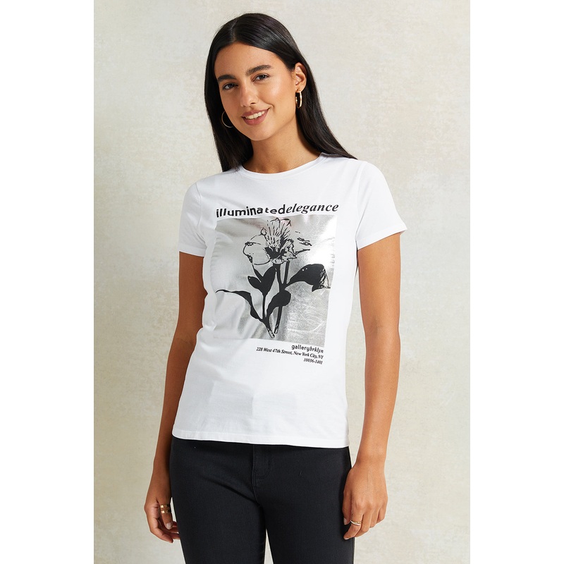 Women White Floral Foil T-Shirt