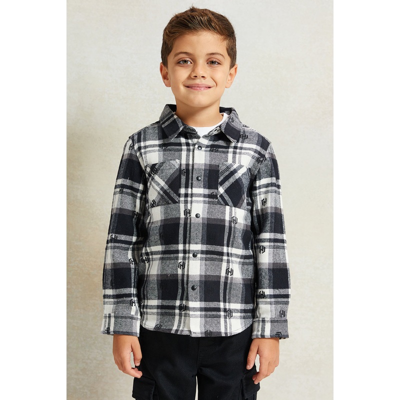 Boys Black And White Check Shirt Flannel With T-Shirt Set