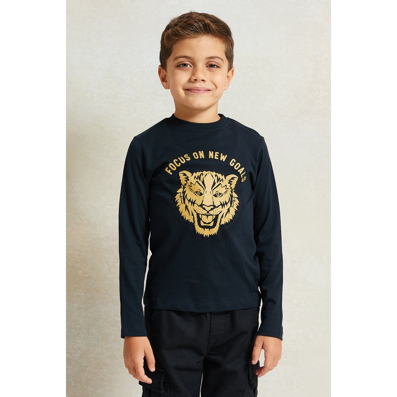 Boys Black Lion Print Long Sleeve T-Shirt