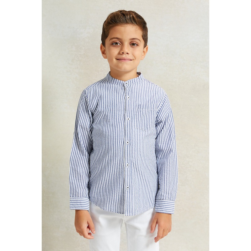 Boys Blue And White Long Sleeve Mandarin Collar Shirt With T-Shirt Set