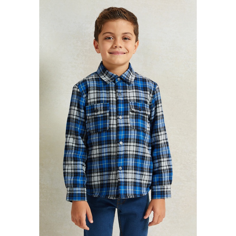 Boys Blue Check Sherpa Lining Long Sleeve Shirt