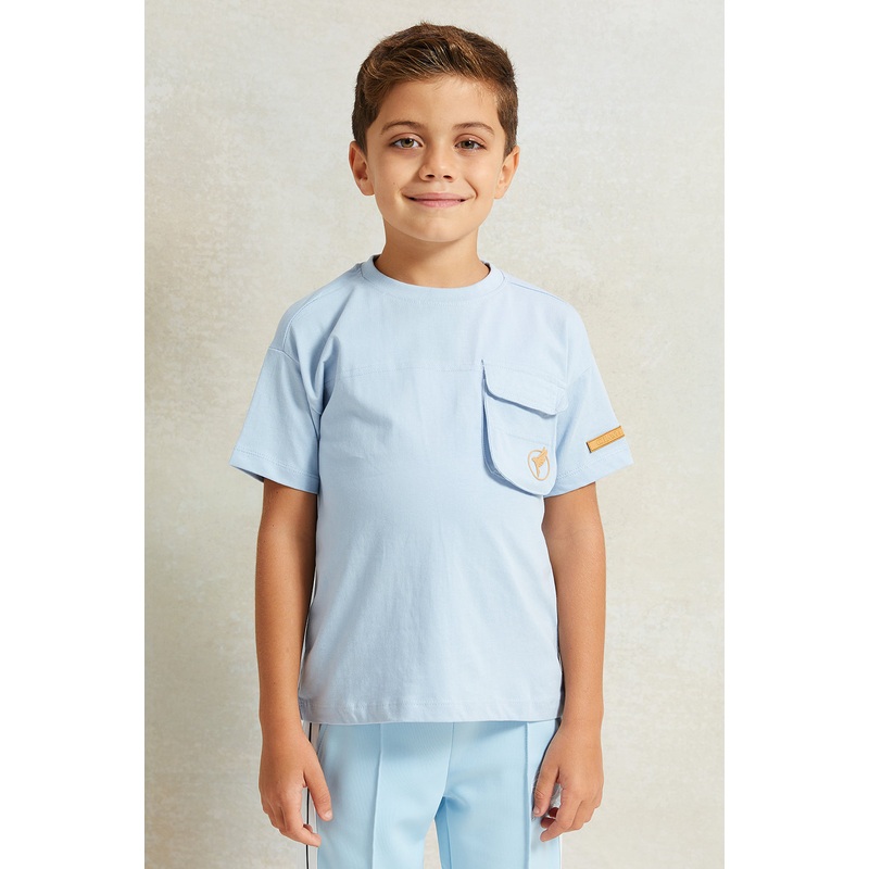 Boys Blue Short  Sleeve Drop Shoulder With Pocket T-Shirt