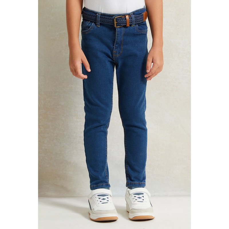 Boys Blue Solid Belted 5 Pocket Jeans