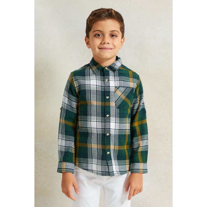 Boys Green And White Check Long Sleeve Shirt With T-Shirt Set