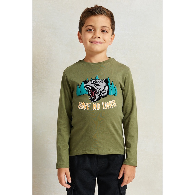 Boys Green Printed Long Sleeve T-Shirt