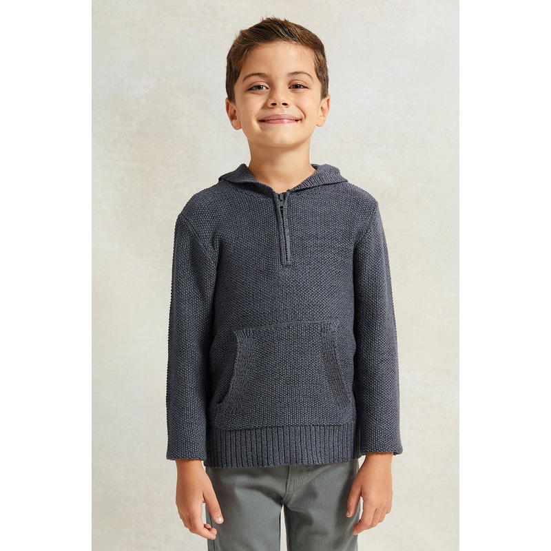 Boys Grey Solid Hooded Sweater