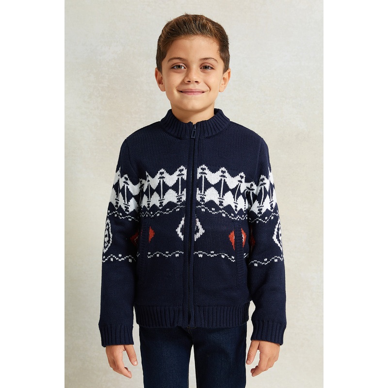 Boys Navy High Neck Zip Through Fur Lining Cardigan